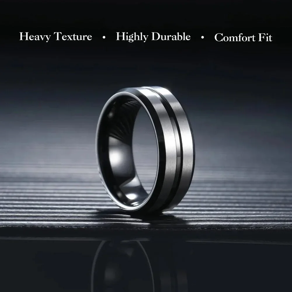 New Men Quality Stylish Sliver And Black Wedding Formal Ring